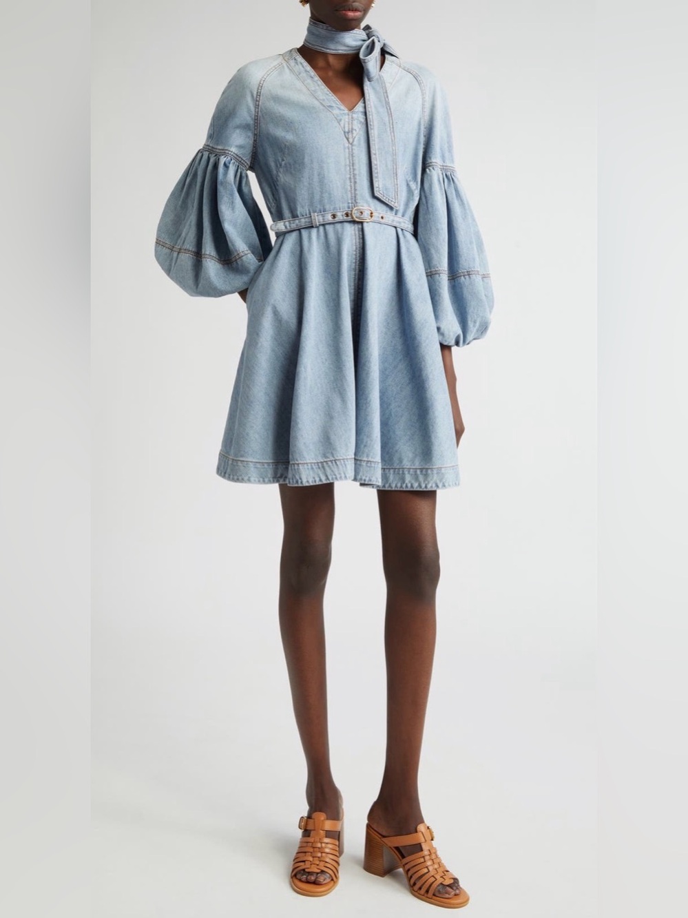 NWOT Zimmermann Tie Neck Puff Sleeve Belted Denim Dress 2 US8